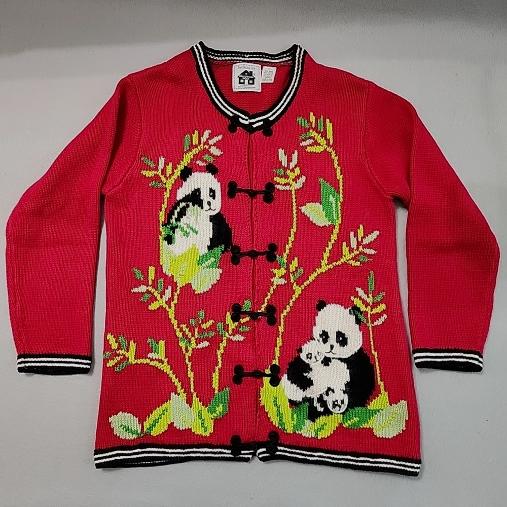 Vintage 90s Storybook Knits M Panda Cardigan Sweater Red Bears Asian Frog Close